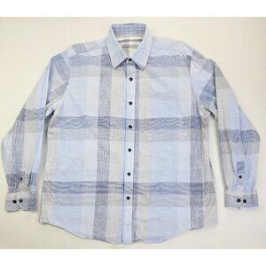 Tasso Elba Size Large 16-16.5 Mens Powder Blue Check Long Sleeve Cotton Shirt